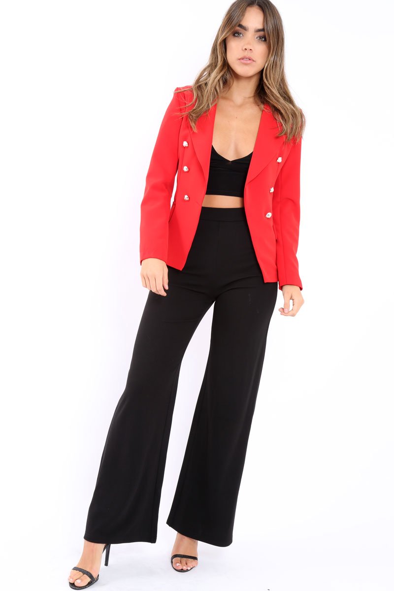 Red Tailored Blazer with Silver Button Detailing - Rhetta-Jackets