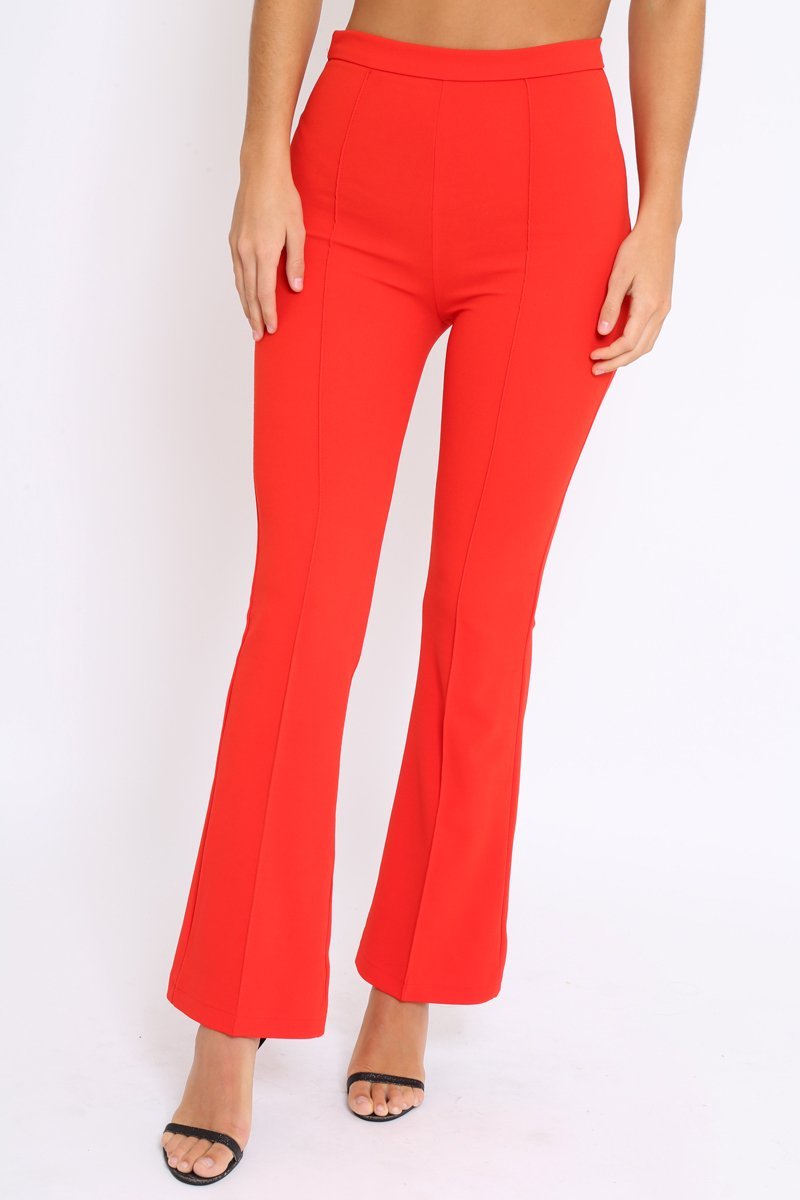 Red Tailored High Waist Flare Trousers - Adela-Trousers