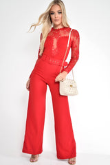 Red Tailored Wide Leg Belted Trousers - Chenelle-Trousers