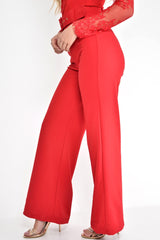 Red Tailored Wide Leg Belted Trousers - Chenelle-Trousers