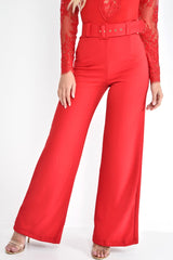 Red Tailored Wide Leg Belted Trousers - Chenelle-Trousers