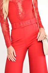 Red Tailored Wide Leg Belted Trousers - Chenelle-Trousers