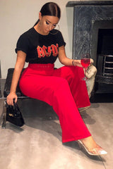 Red Tailored Wide Leg Belted Trousers - Chenelle-Trousers