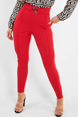 Red Tapered Trousers With Silver Buckle - Zyana-Trousers
