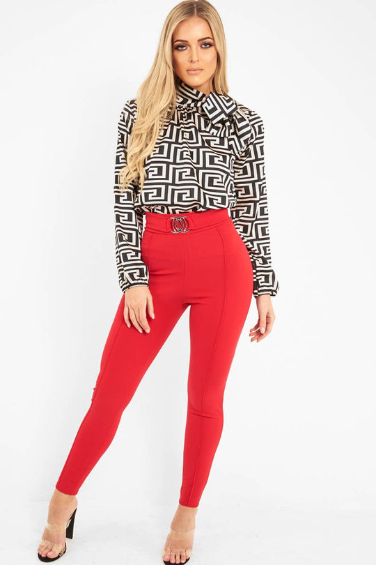Red Tapered Trousers With Silver Buckle - Zyana