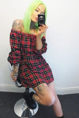 Red Tartan Belted Bardot Dress - Deondra-Dresses