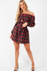 Red Tartan Belted Bardot Dress - Deondra-Dresses