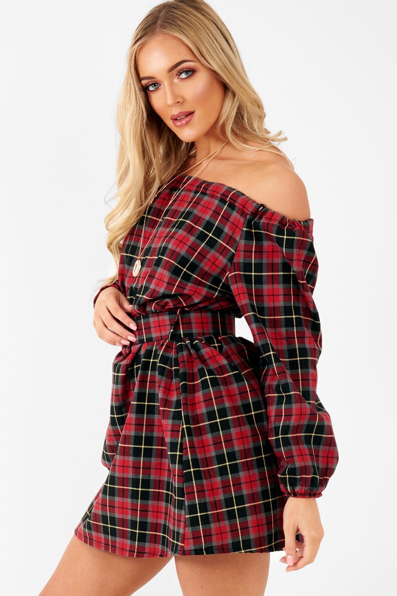 Red Tartan Belted Bardot Dress - Deondra Rebellious Fashion Red Tartan Belted Bardot Dress - Deondra Rebellious Fashion