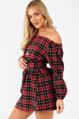 Red Tartan Belted Bardot Dress - Deondra-Dresses