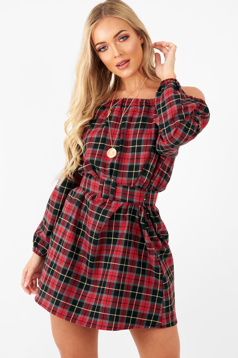 Red Tartan Belted Bardot Dress - Deondra-Dresses