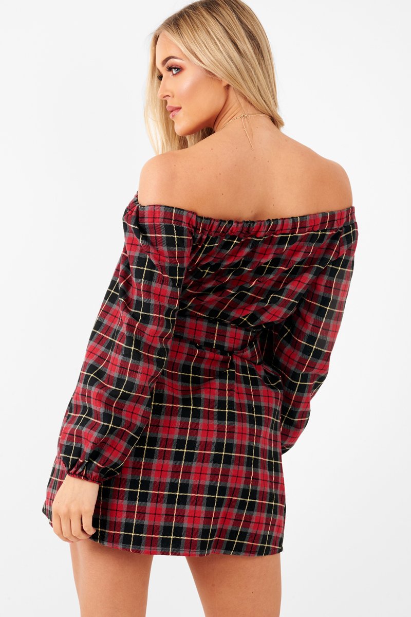 Red Tartan Belted Bardot Dress - Deondra-Dresses