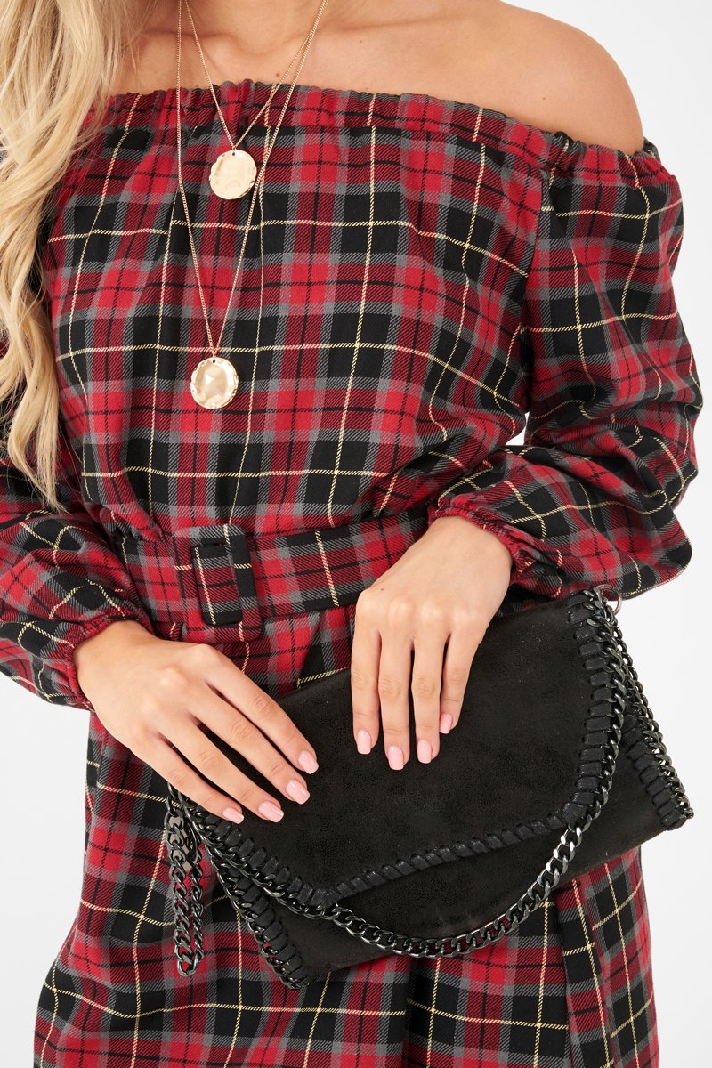 Red Tartan Belted Bardot Dress - Deondra-Dresses
