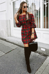 Red Tartan Belted Bardot Dress - Deondra-Dresses