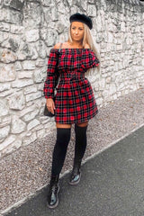 Red Tartan Belted Bardot Dress - Deondra-Dresses