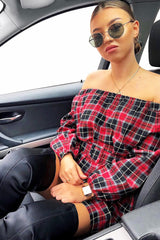 Red Tartan Belted Bardot Dress - Deondra-Dresses