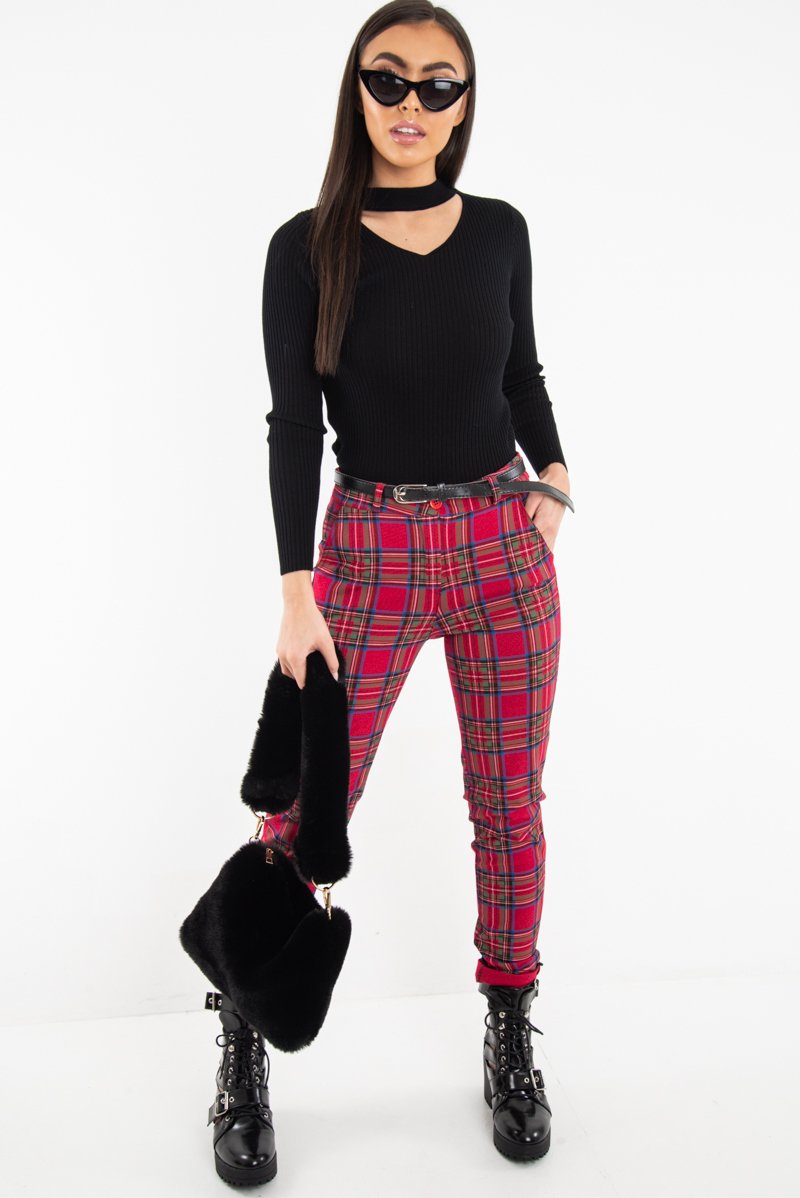 Red Tartan Belted Skinny Fit Trousers - Caitlin-Trousers