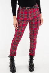 Red Tartan Belted Skinny Fit Trousers - Caitlin-Trousers