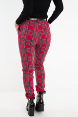 Red Tartan Belted Skinny Fit Trousers - Caitlin-Trousers