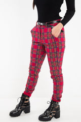 Red Tartan Belted Skinny Fit Trousers - Caitlin-Trousers