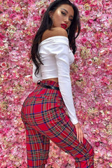 Red Tartan Belted Skinny Fit Trousers - Caitlin-Trousers