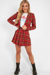 Red Tartan Crop Blazer Pleated Skirt Co-Ord - Holly-Co-ords