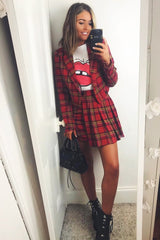 Red Tartan Crop Blazer Pleated Skirt Co-Ord - Holly-Co-ords
