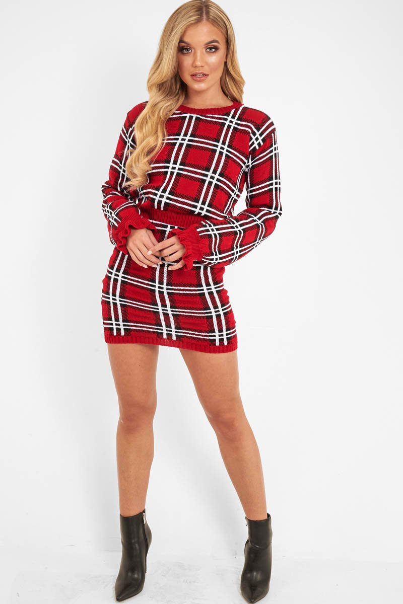 Red Tartan Frill Cuff Knit Jumper - Jarae-Jumper
