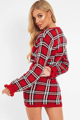 Red Tartan Frill Cuff Knit Jumper - Jarae-Jumper