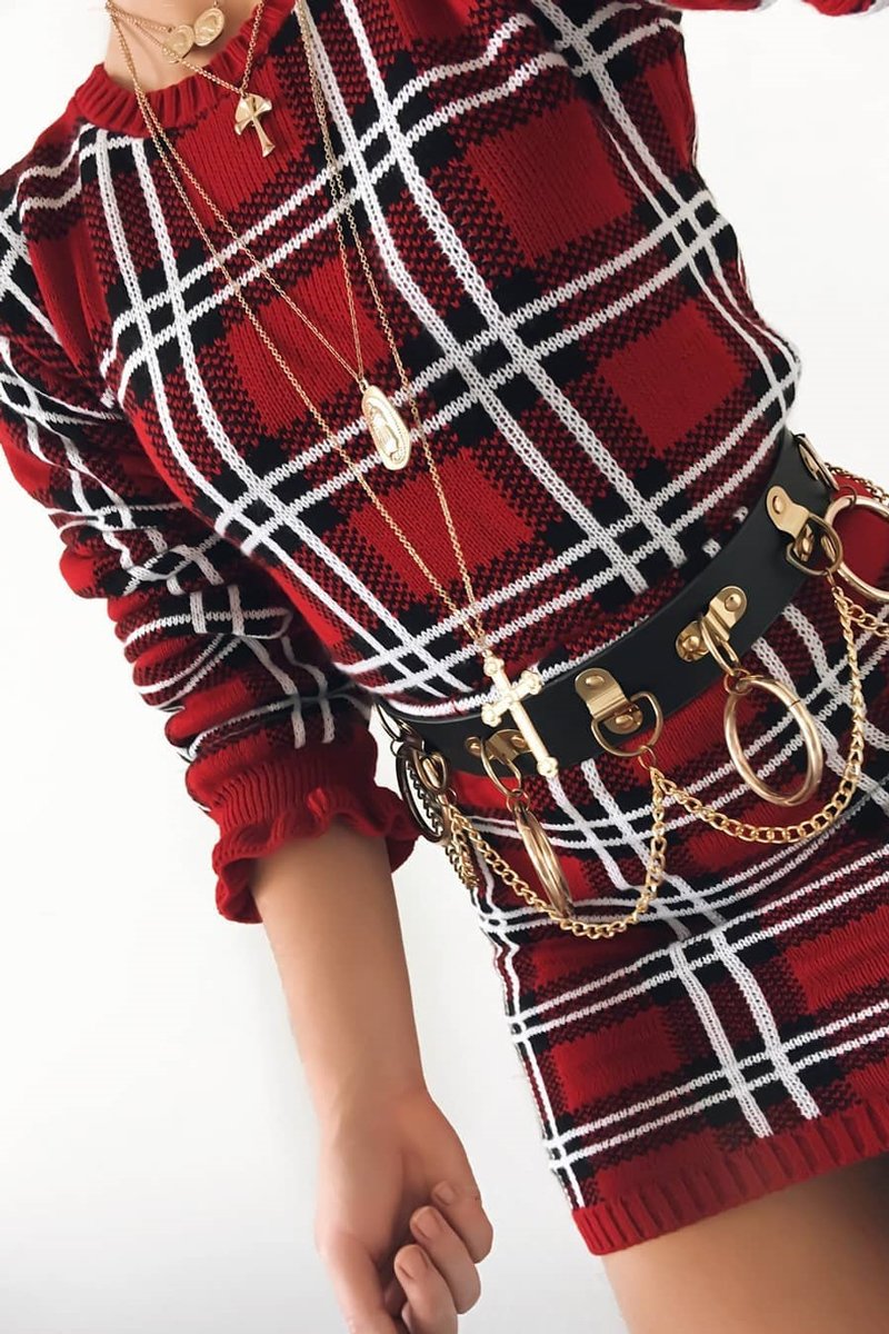Red Tartan Frill Cuff Knit Jumper - Jarae-Jumper