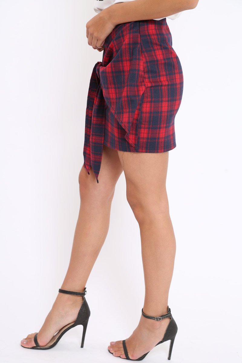 Red Tartan Tie Front Mini Skirt - Tyne-Skirts