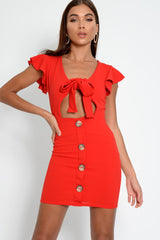 Red Tie Button Front Bodycon Dress - Aaira-Dresses