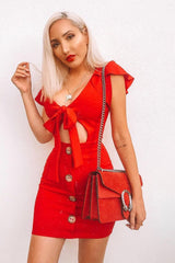 Red Tie Button Front Bodycon Dress - Aaira-Dresses