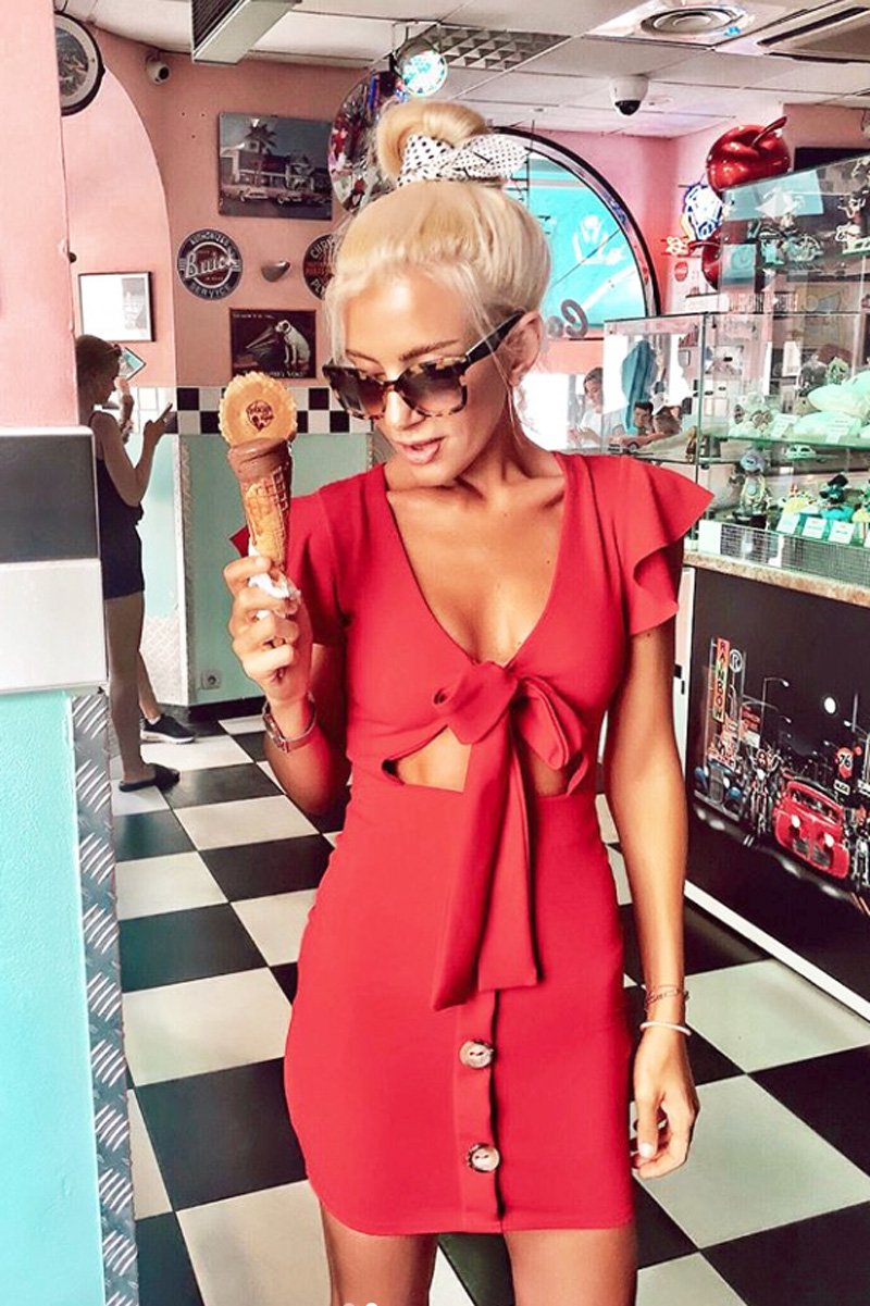 Red Tie Button Front Bodycon Dress - Aaira-Dresses