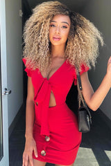 Red Tie Button Front Bodycon Dress - Aaira-Dresses