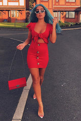 Red Tie Button Front Bodycon Dress - Aaira-Dresses