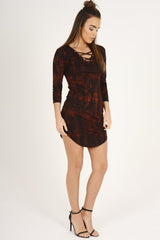 Red Tie Dye Long Sleeve Lace Up Dress - Ismi-Dresses