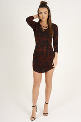 Red Tie Dye Long Sleeve Lace Up Dress - Ismi-Dresses