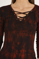 Red Tie Dye Long Sleeve Lace Up Dress - Ismi-Dresses