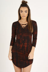 Red Tie Dye Long Sleeve Lace Up Dress - Ismi-Dresses