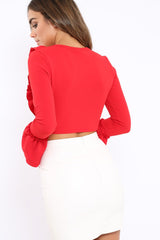 Red Tie Front Bell Sleeve Crop Top - Angelina-Crop Tops