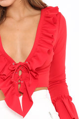 Red Tie Front Bell Sleeve Crop Top - Angelina-Crop Tops
