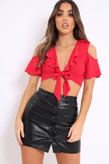 Red Tie Front Cold Shoulder Crop Top - Ellinor-Crop Tops