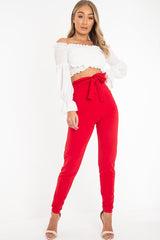 Red Tie Front Crepe Cigarette Trousers - Ryanne-Trousers