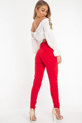 Red Tie Front Crepe Cigarette Trousers - Ryanne-Trousers