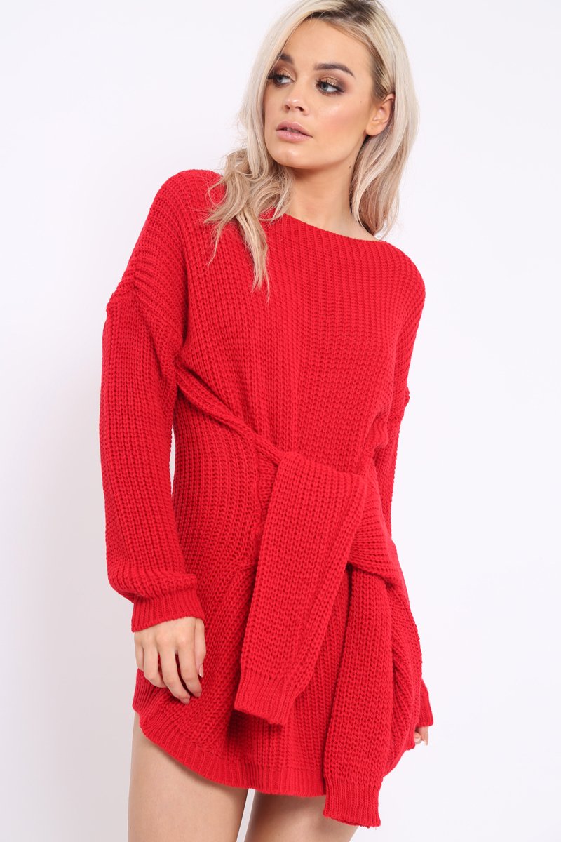 Red Tie Front Knitted Jumper Dress - Harley-Dresses