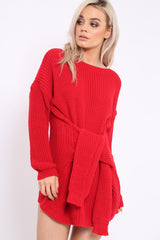 Red Tie Front Knitted Jumper Dress - Harley-Dresses