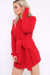 Red Tie Front Knitted Jumper Dress - Harley-Dresses