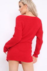 Red Tie Front Knitted Jumper Dress - Harley-Dresses