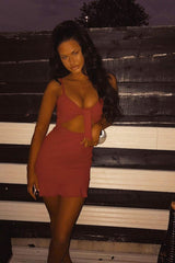 Red Tie Front Ruffle Hem Mini Dress - Darianna-Dresses