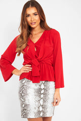 Red Tie Waist Long Sleeve Top - Floria-Tops